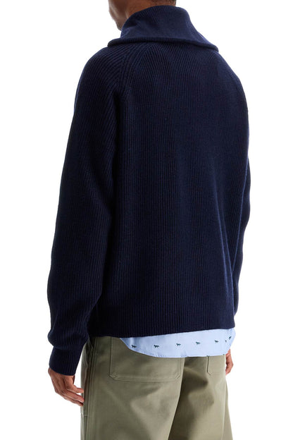 Ink Blue Wool Sweater With Fox Head Patch And Half Zip  - Blue