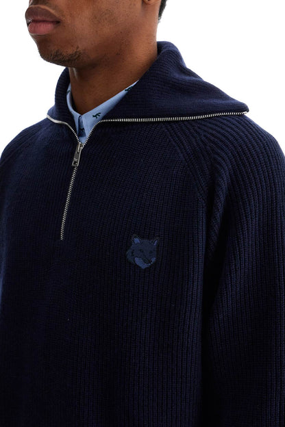 Ink Blue Wool Sweater With Fox Head Patch And Half Zip  - Blue