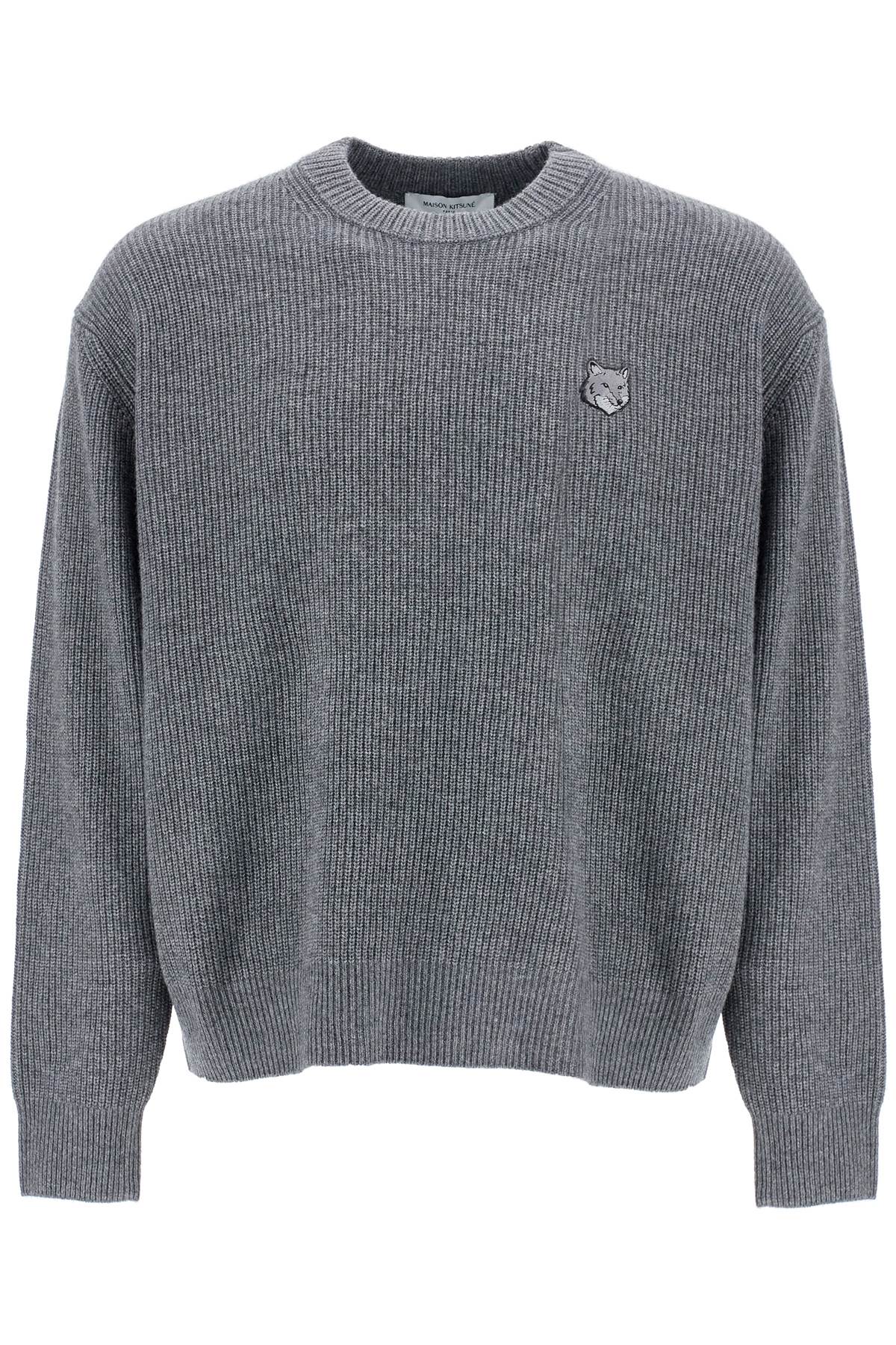 Gray Mélange Wool Sweater With Embroidered Fox Logo  - Grey