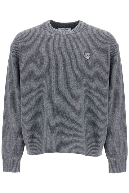 Gray Mélange Wool Sweater With Embroidered Fox Logo  - Grey