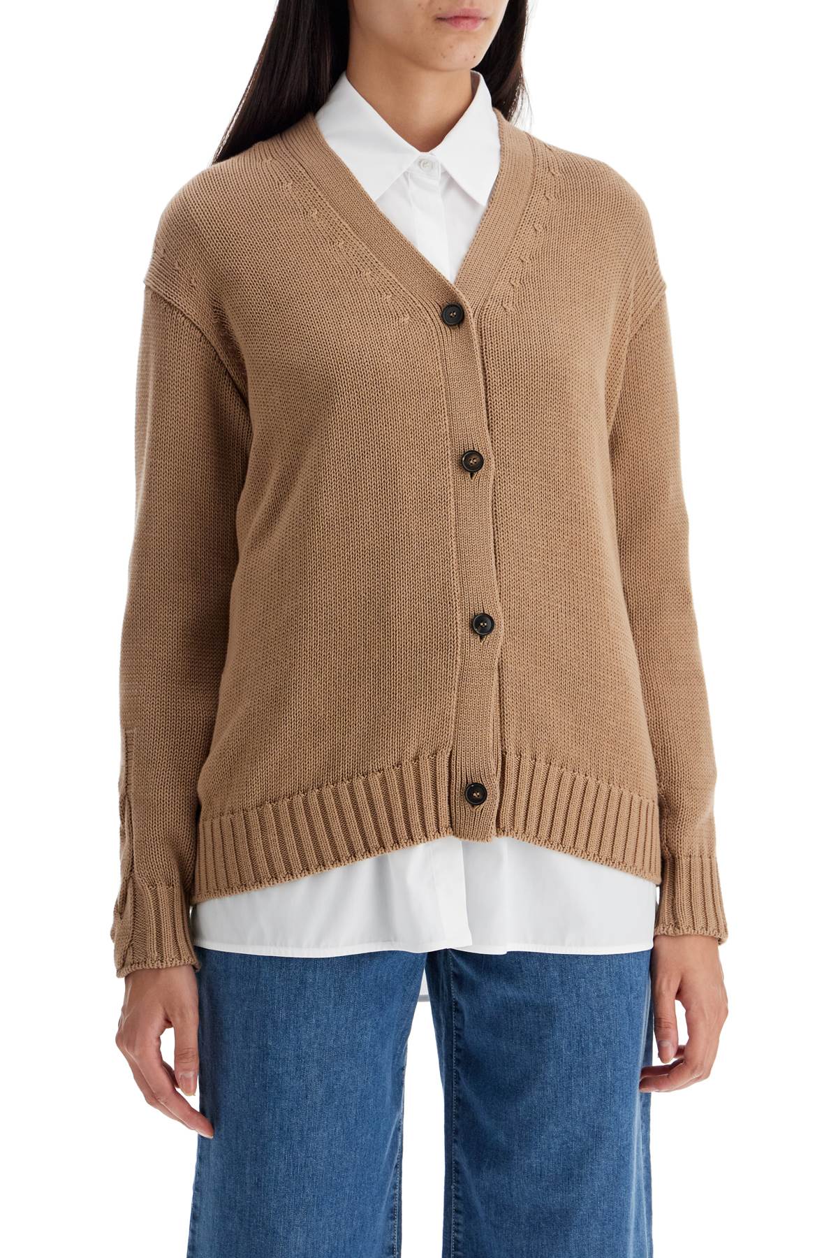 Cotton Knit Cardigan Sweater  - Beige