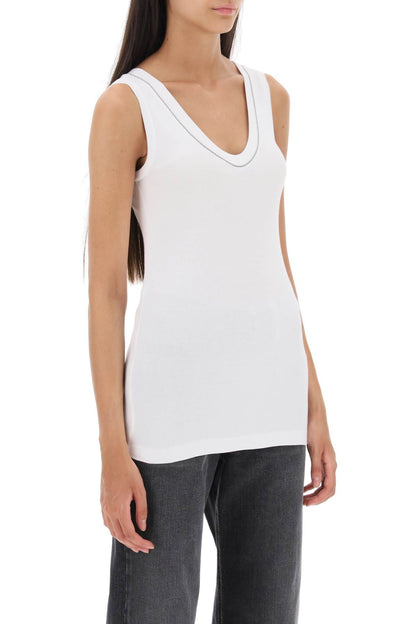 Ribbed Tank Top With Shiny Collar  - White