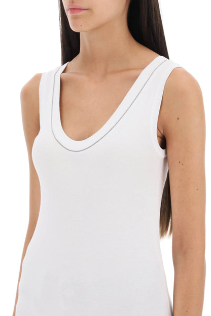 Ribbed Tank Top With Shiny Collar  - White