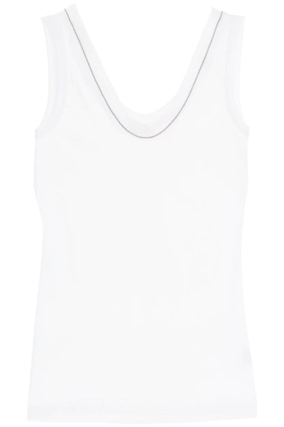 Ribbed Tank Top With Shiny Collar  - White