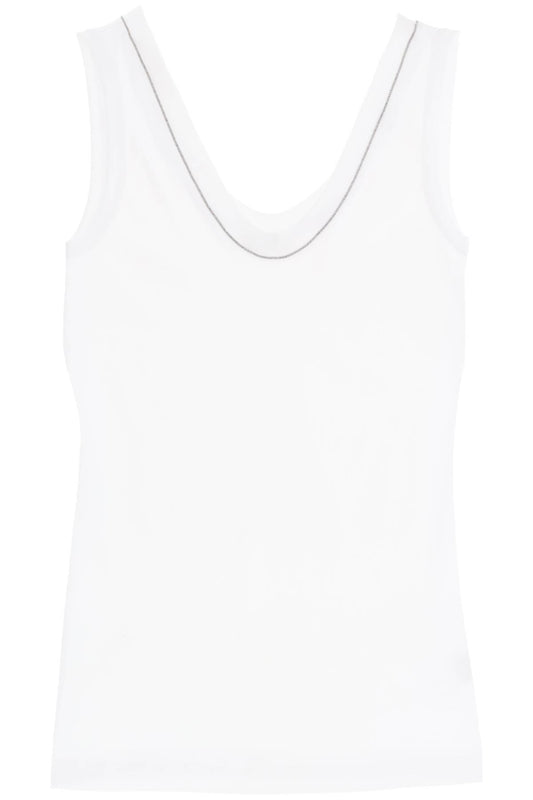 Ribbed Tank Top With Shiny Collar  - White