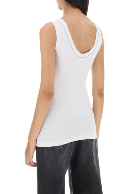 Ribbed Tank Top With Shiny Collar  - White