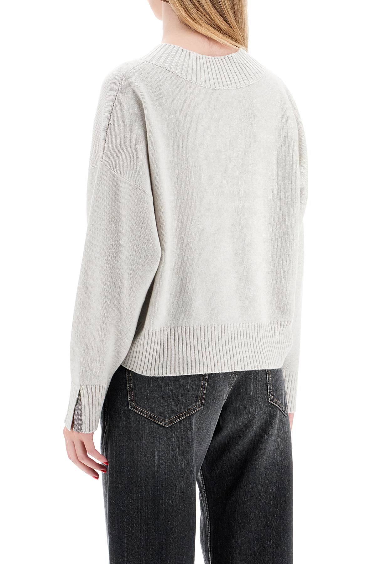 Cashmere Pullover With Shiny Cuff Details.  - Grey