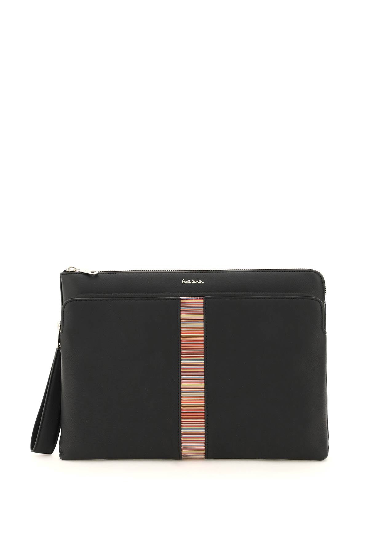 Signture Stripe Leather Pouch  - Black