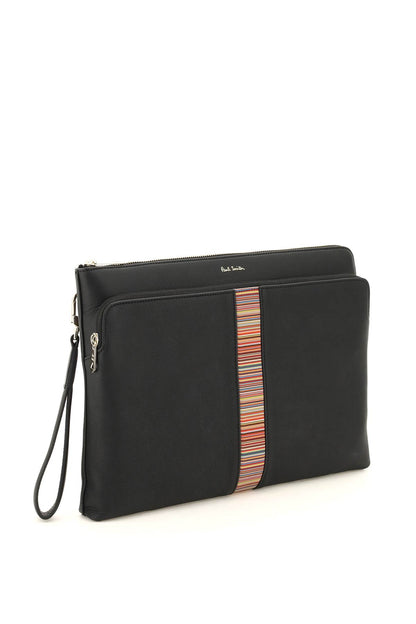 Signture Stripe Leather Pouch  - Black