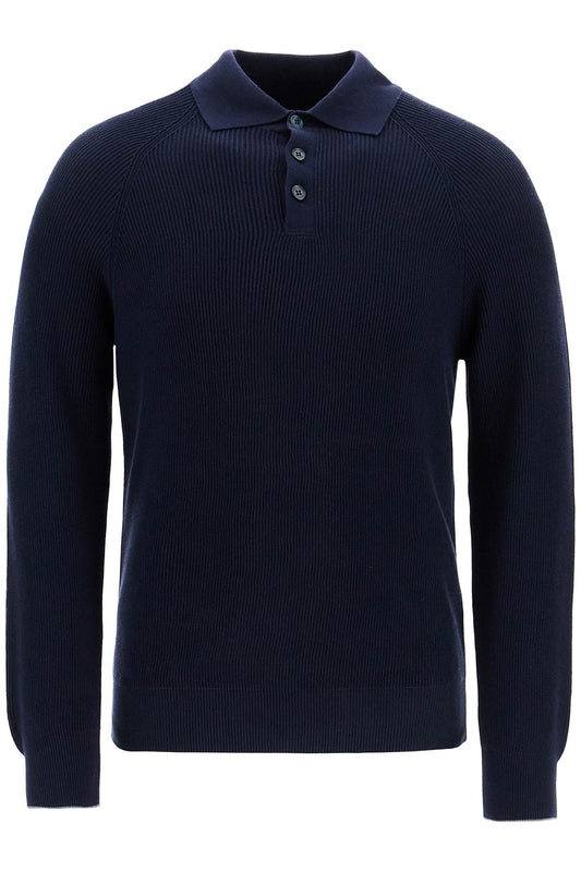 Long-sleeved Cotton Knit Polo Shirt For Men  - Blue