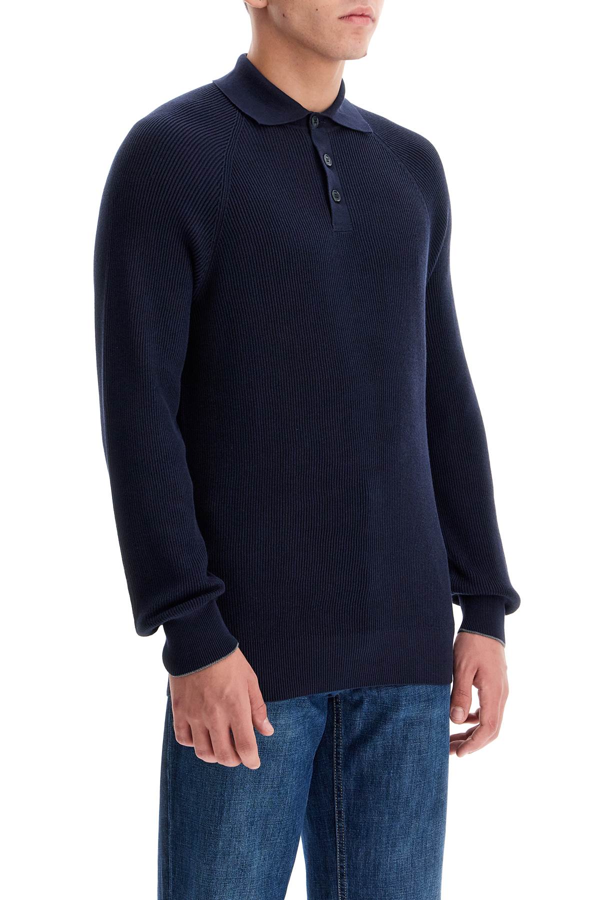 Long-sleeved Cotton Knit Polo Shirt For Men  - Blue