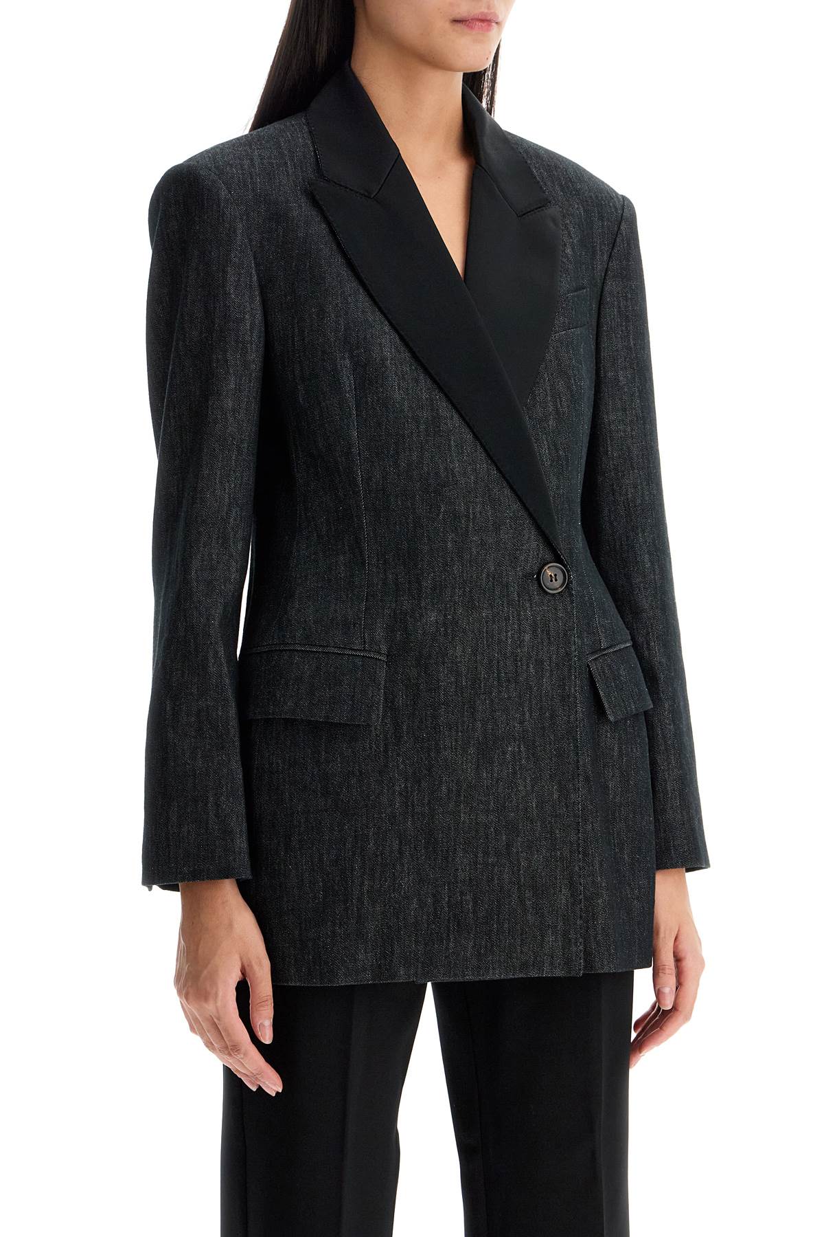 Denim Effect Twill Blazer  - Black