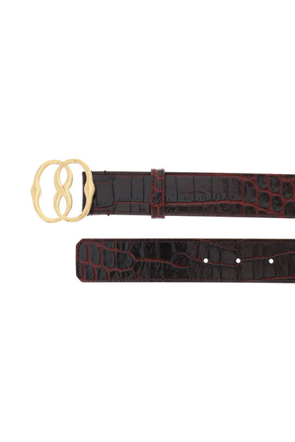 Croco-effect Leather Belt With Emblem Buckle  - Red