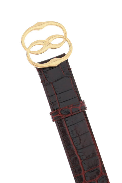 Croco-effect Leather Belt With Emblem Buckle  - Red