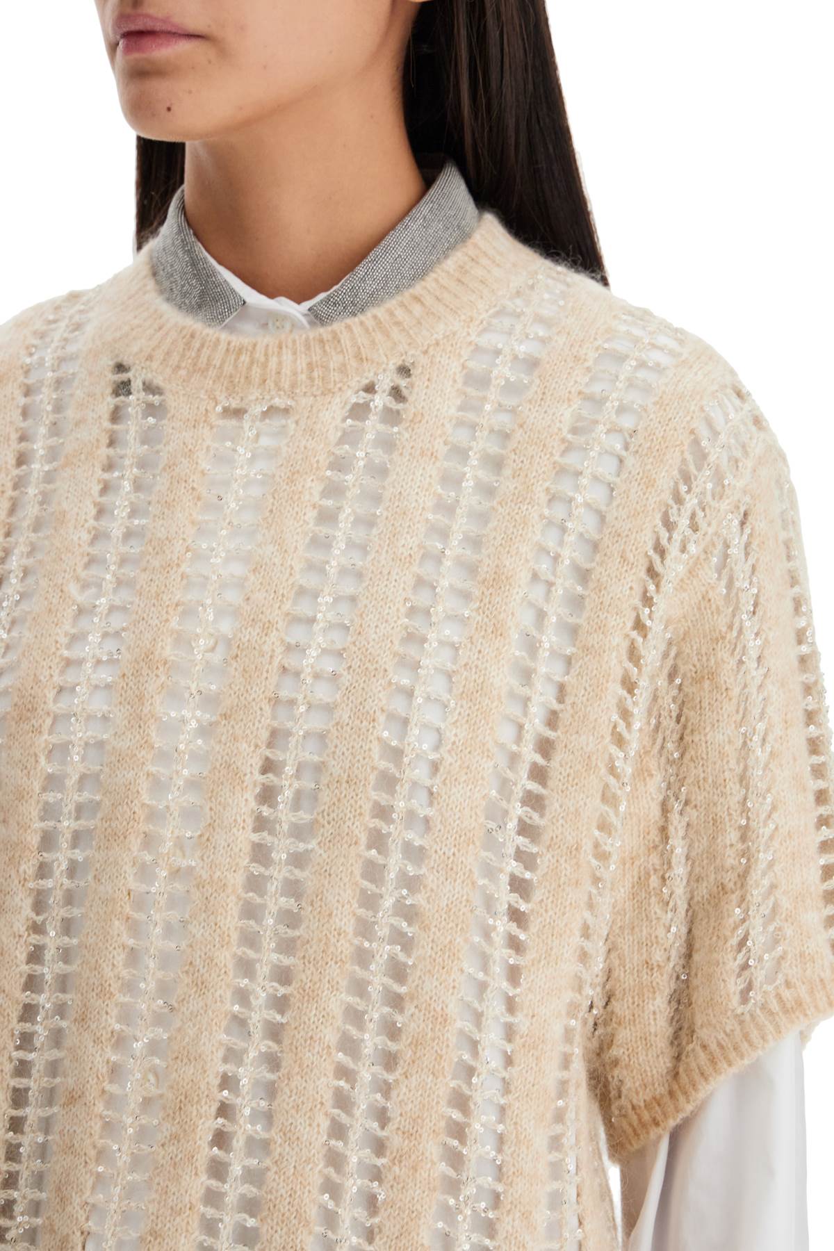 Dazzling Net Short Sleeve Knit  - Beige