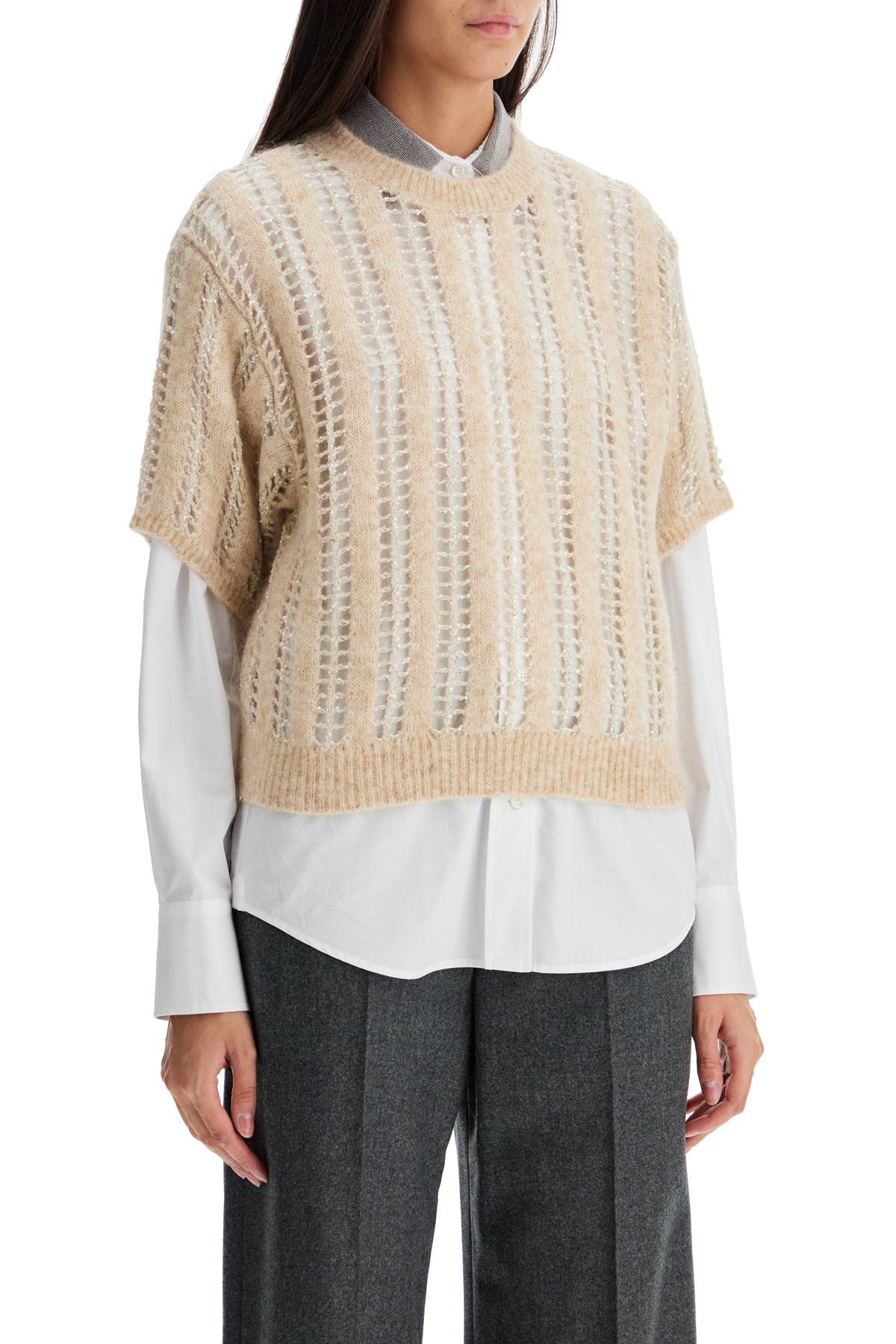 Dazzling Net Short Sleeve Knit  - Beige