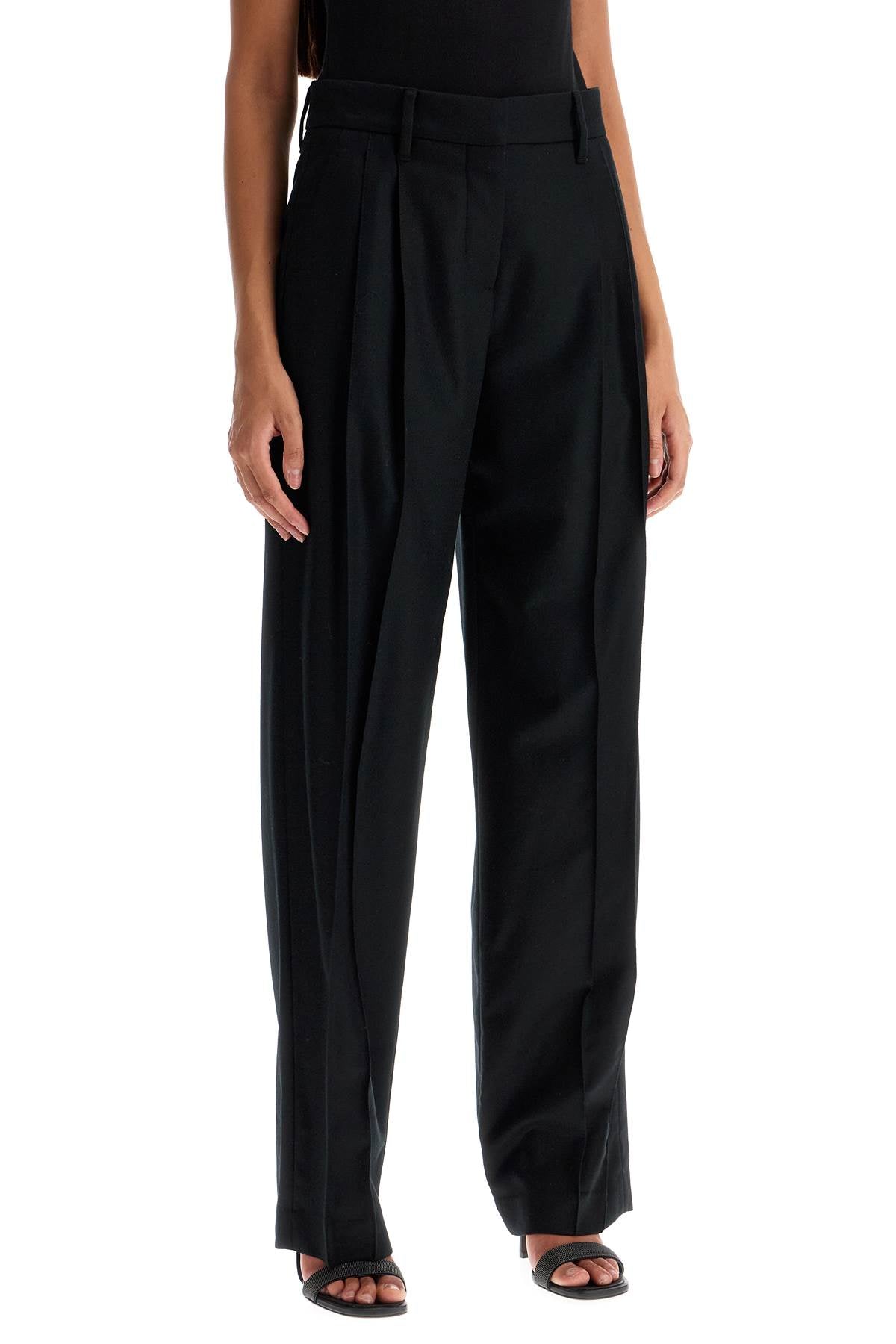 Loose Straight Pants With Embell  - Black