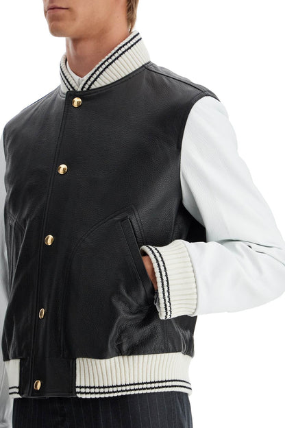 Leather Varsity Bomber Jacket  - Black