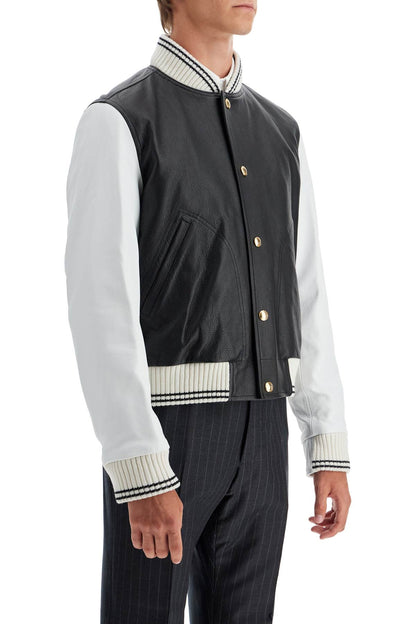 Leather Varsity Bomber Jacket  - Black