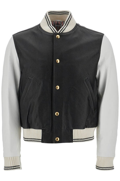 Leather Varsity Bomber Jacket  - Black