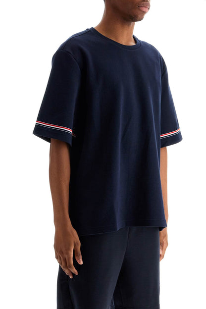 Navy Blue Striped Cotton T-shirt With Wide Neck  - Blue