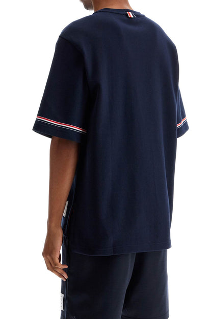 Navy Blue Striped Cotton T-shirt With Wide Neck  - Blue