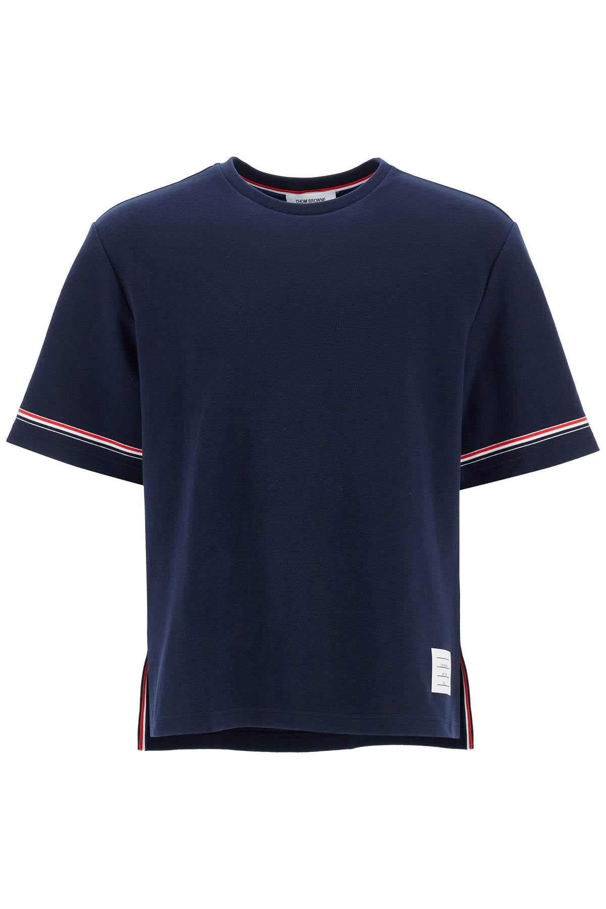 Navy Blue Striped Cotton T-shirt With Wide Neck  - Blue