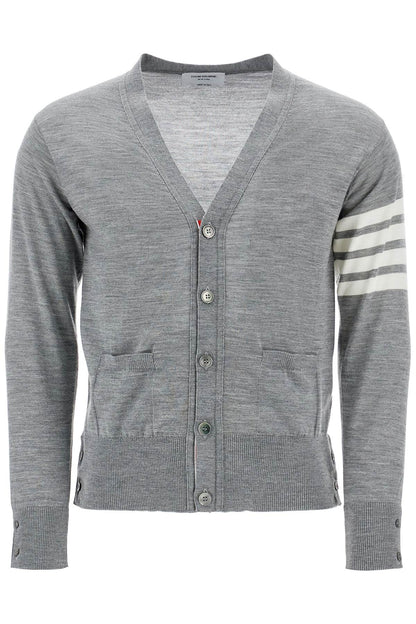 Men's Cardigan In Pale Grey Merino Wool With 4 White Stripes  - Grey