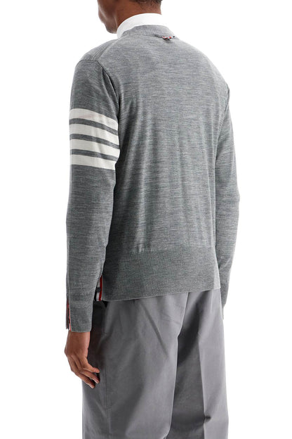 Men's Cardigan In Pale Grey Merino Wool With 4 White Stripes  - Grey