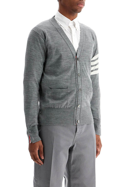 Men's Cardigan In Pale Grey Merino Wool With 4 White Stripes  - Grey