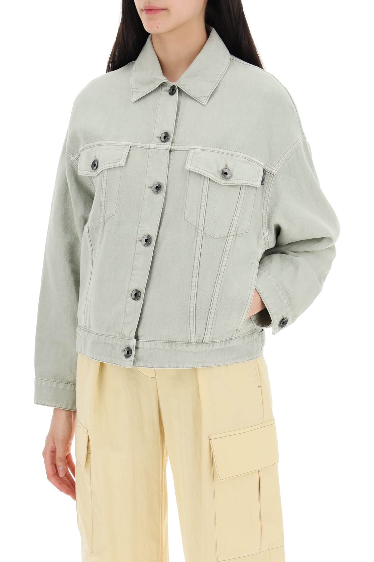 Cotton And Linen Cover Trucker Jacket  - Green