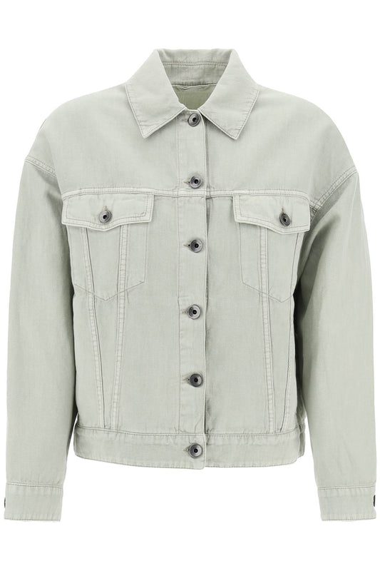 Cotton And Linen Cover Trucker Jacket  - Green