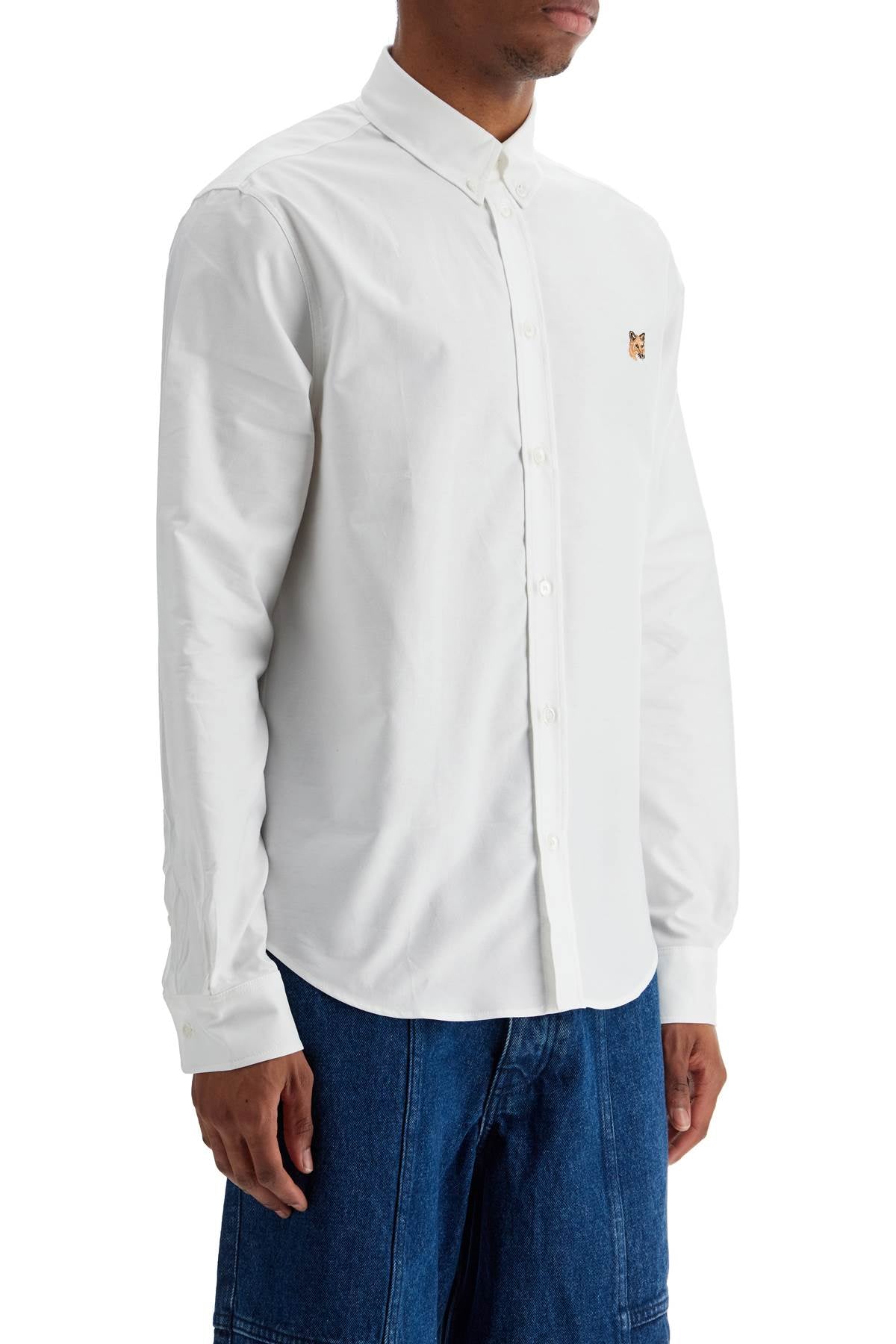 Men's White Cotton Shirt With Fox Embroidery  - White