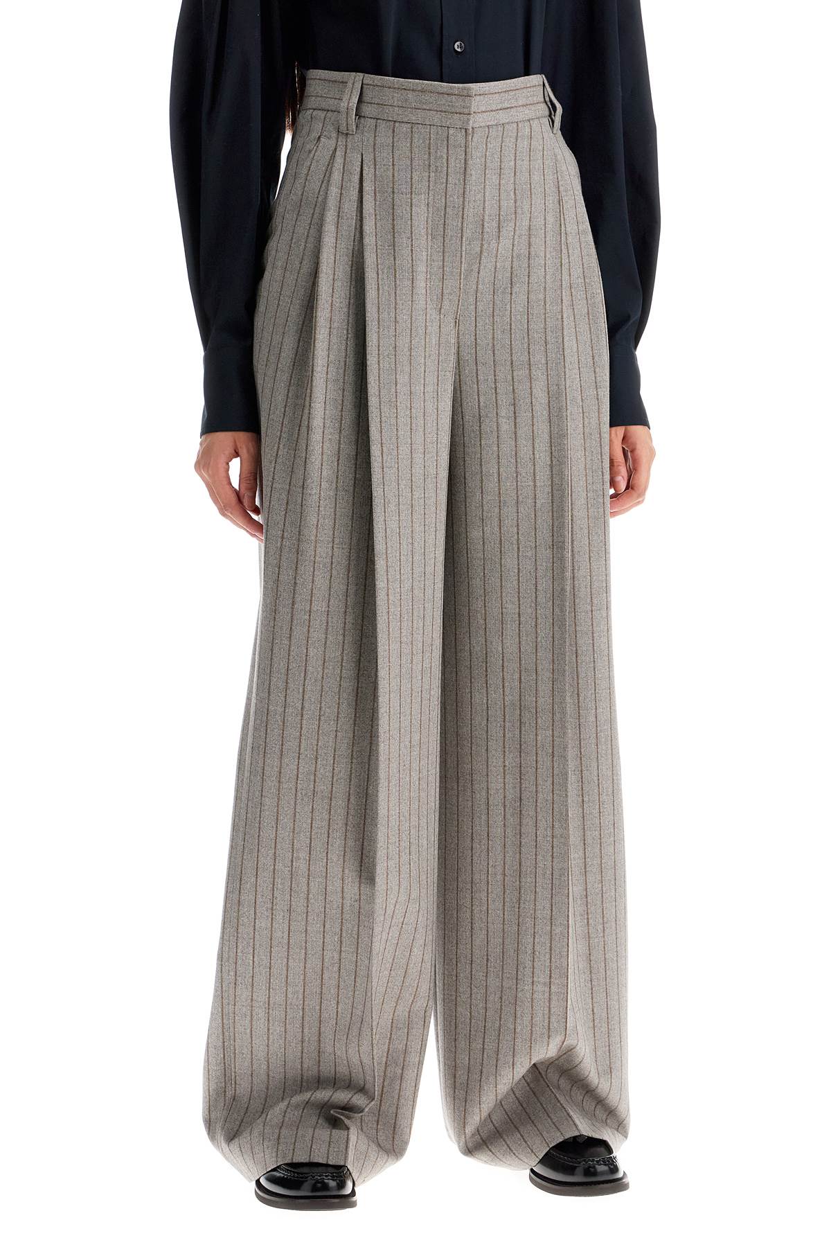 Wide Virgin Wool Pinstripe Trousers  - Grey