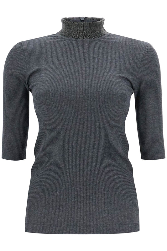 T-shirt With Precious Ribbed  - Grey