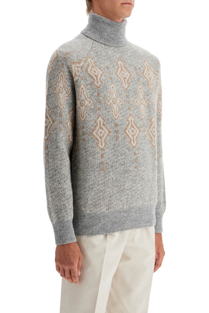 Geometric Jacquard Turtleneck Sweater  - Grey