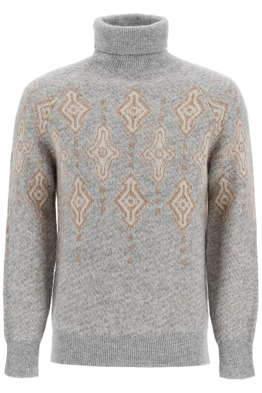 Geometric Jacquard Turtleneck Sweater  - Grey