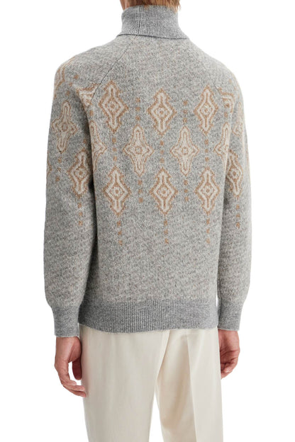 Geometric Jacquard Turtleneck Sweater  - Grey