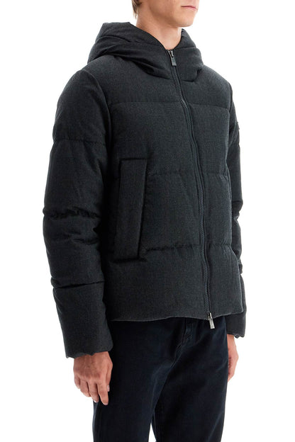 Short Woolen Jacket With Hood And Down  - Grey