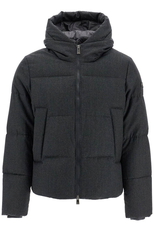 Short Woolen Jacket With Hood And Down  - Grey