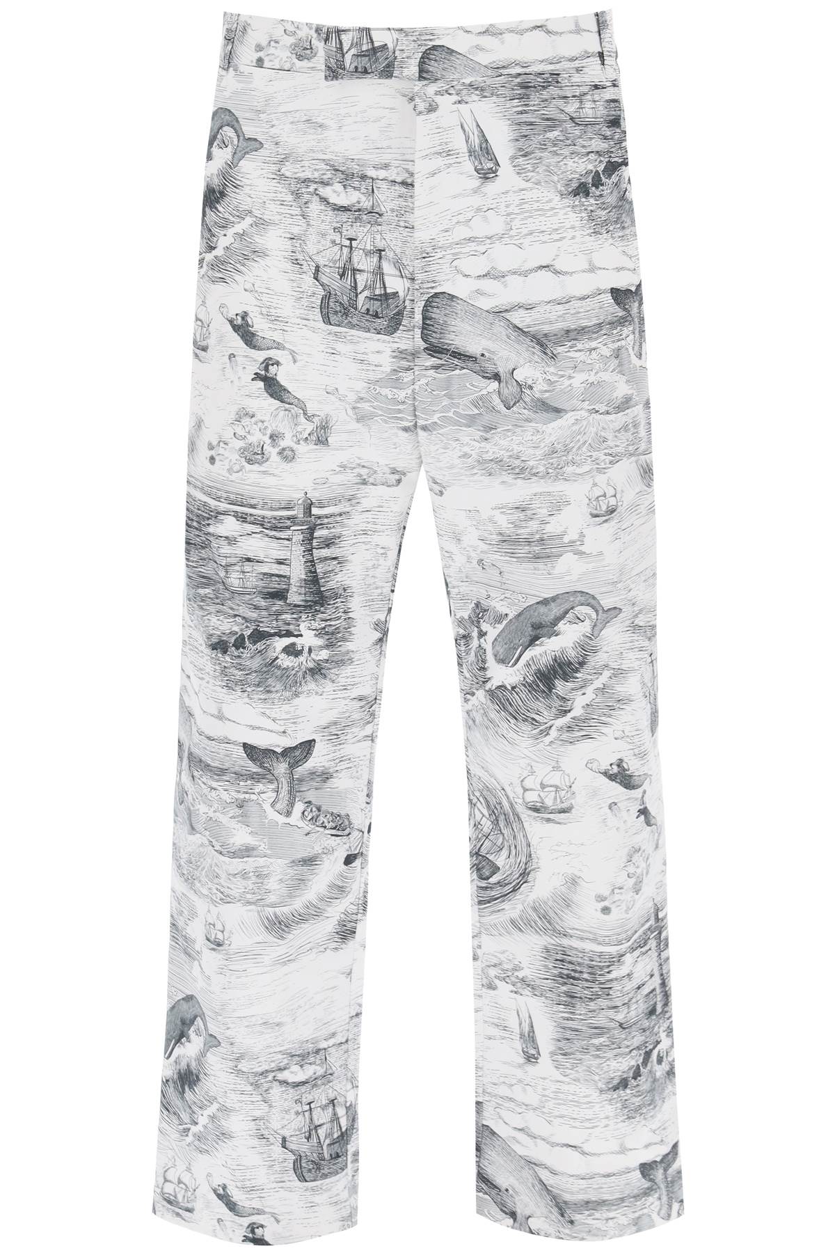 Cropped Pants With 'nautical Toile' Motif  - Bianco