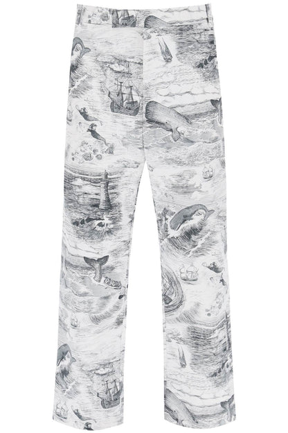 Cropped Pants With 'nautical Toile' Motif  - Bianco