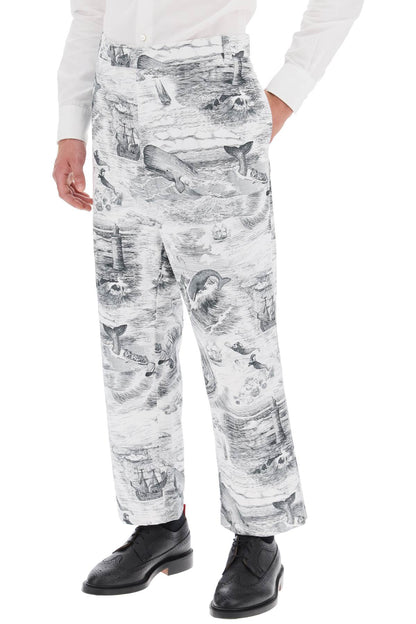 Cropped Pants With 'nautical Toile' Motif  - Bianco