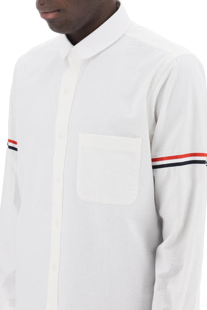 Seersucker Shirt With Rounded Collar  - White