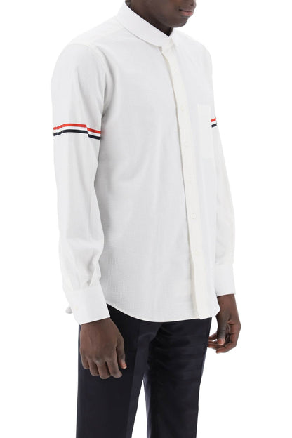 Seersucker Shirt With Rounded Collar  - White