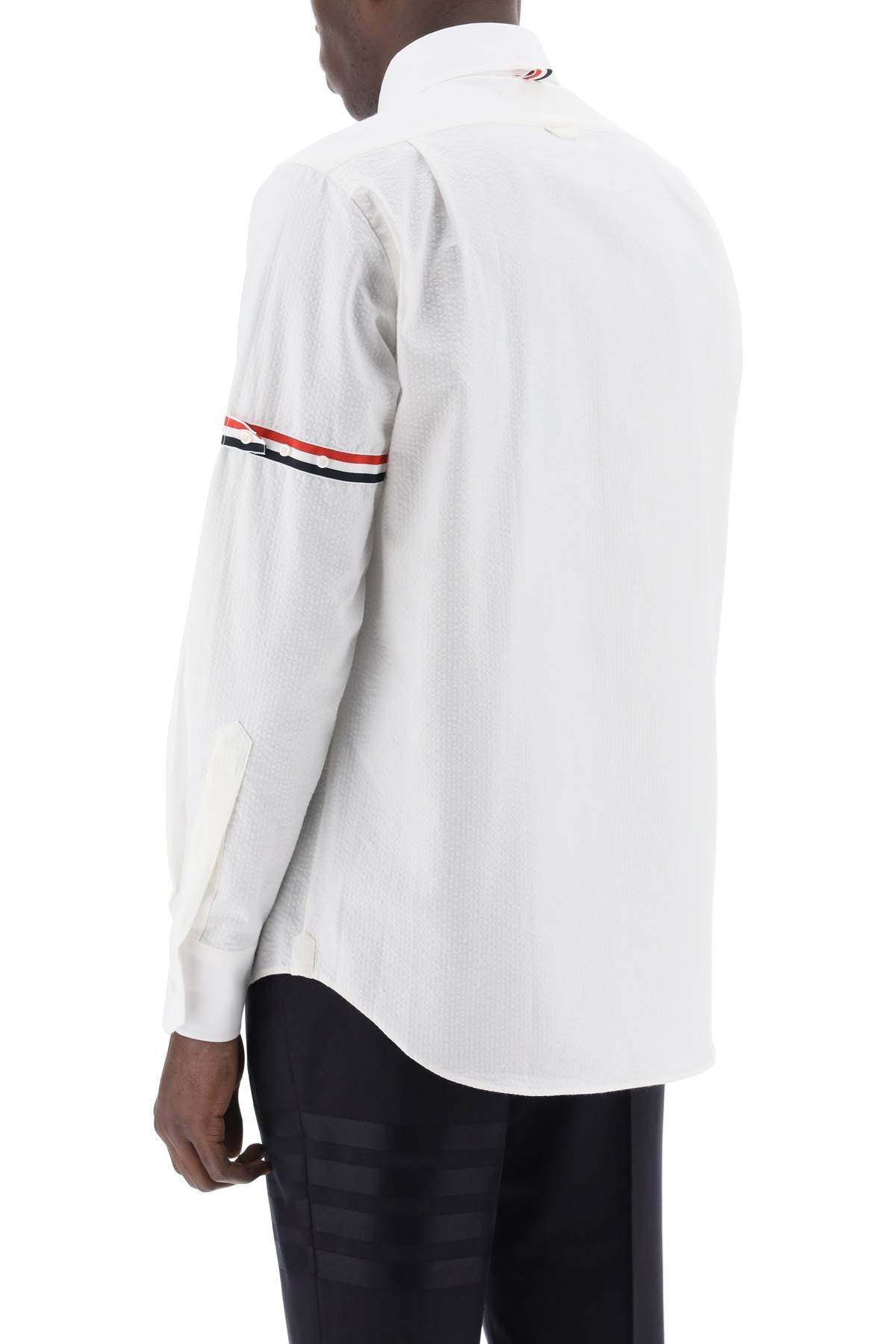 Seersucker Shirt With Rounded Collar  - White