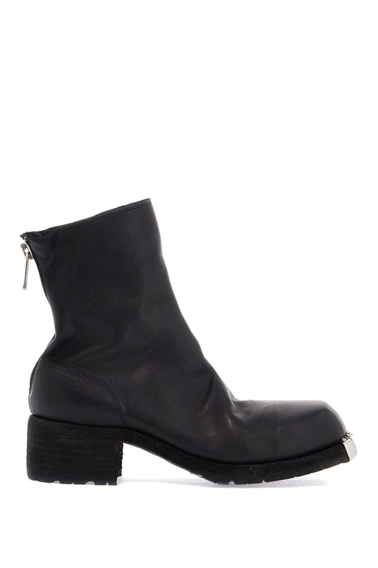 Black Horse Leather Boots With Side Zip And Metal Insert  - Black