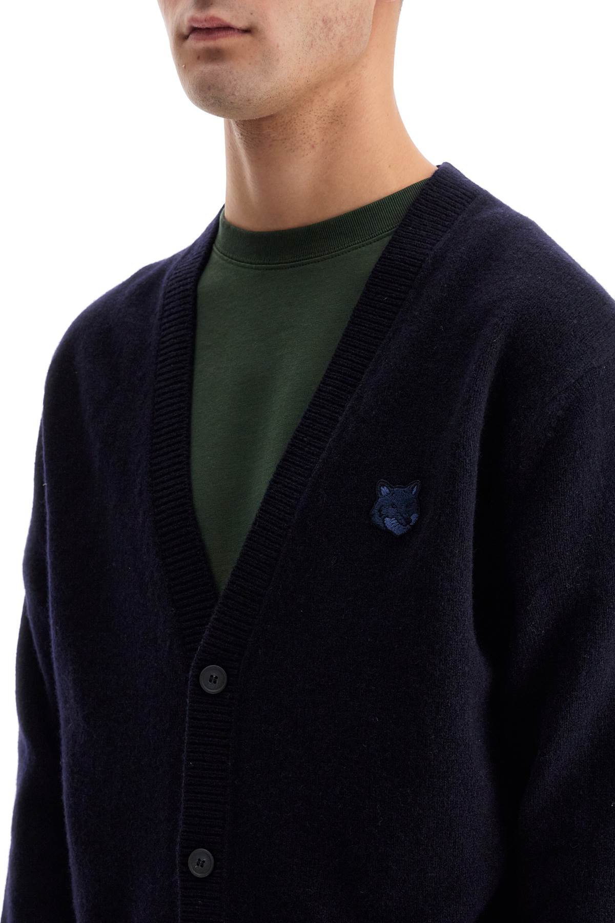 Bold Fox Head Wool Cardigan  - Blue