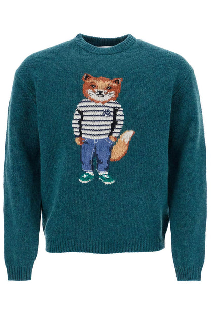 Green Wool Sweater With Fox Intarsia  - Green