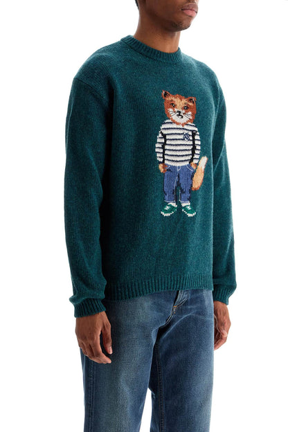 Green Wool Sweater With Fox Intarsia  - Green